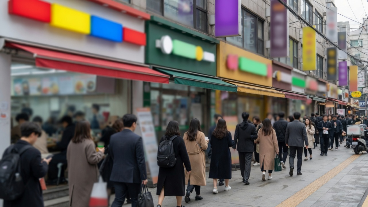 점심시간 골목, 간판은 색면만 남은 거리
